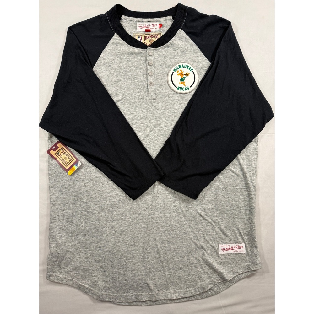 Milwaukee Bucks Henley Shirt Grey Black Raglan 3/4 Sleeve XL